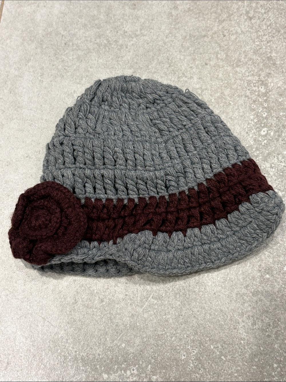 Volcom Gray Crocheted Beanie with Burgundy Band and Flower